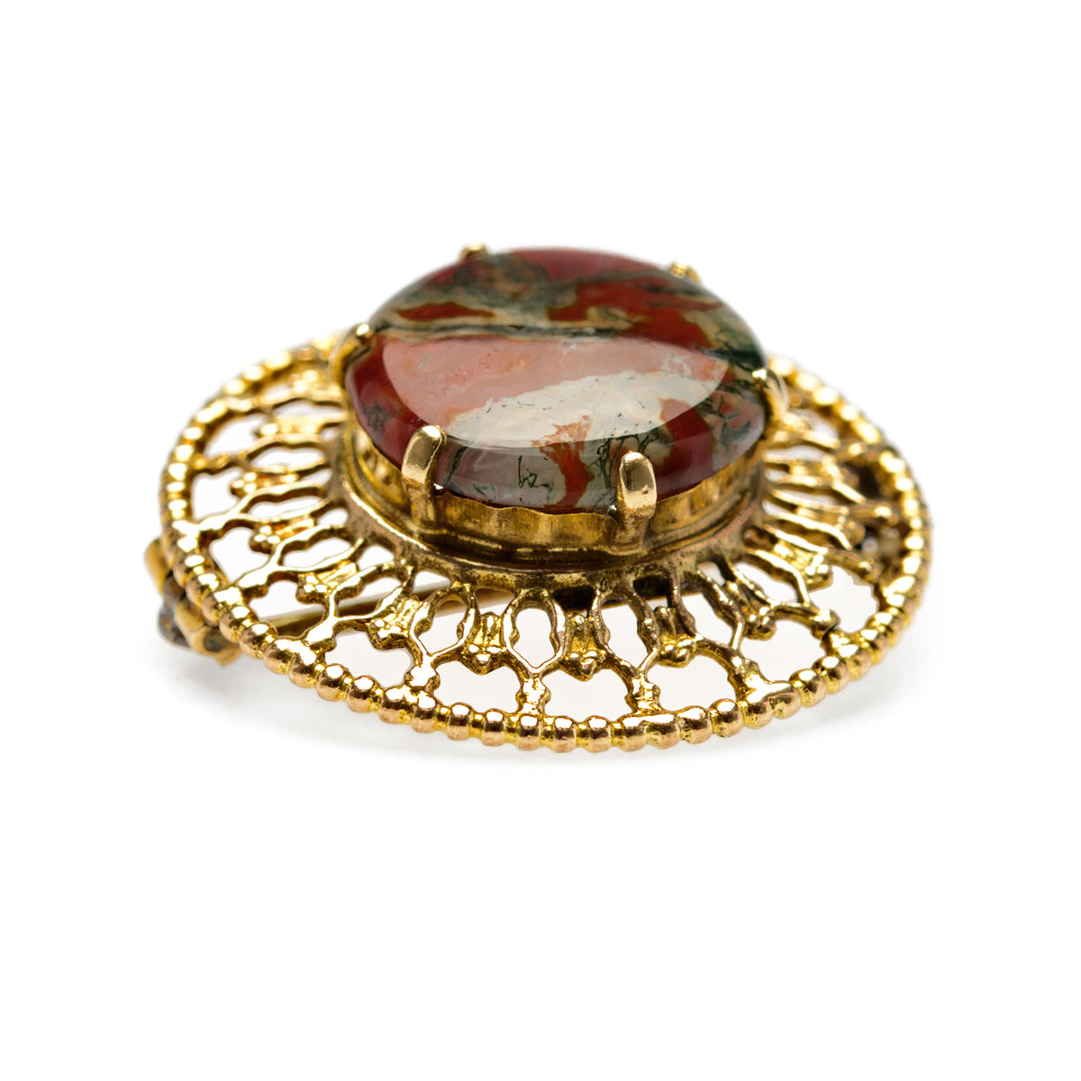 Vintage Mid Century Scottish 9ct Gold & Moss Agate Cabochon Brooch Edinburgh (Code A899)