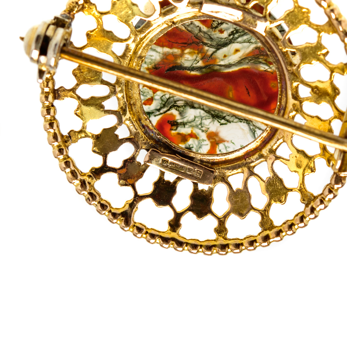 Vintage Mid Century Scottish 9ct Gold & Moss Agate Cabochon Brooch Edinburgh (Code A899)