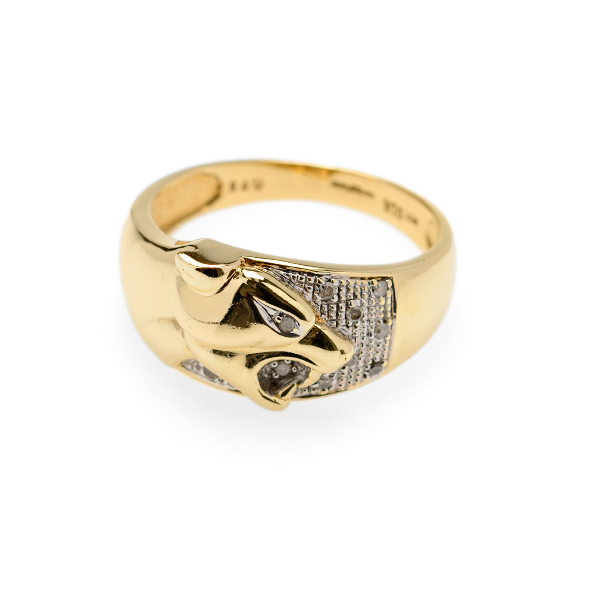 Beautiful 9ct Gold Ring With Panther Head & Diamonds Birmingham Hallmark Size P  (Code A903)