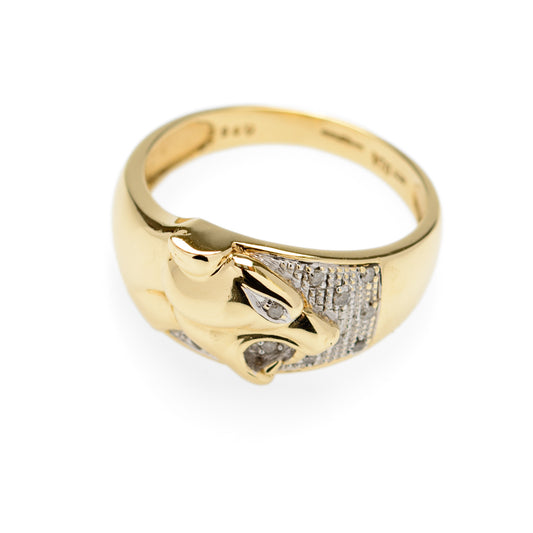 Beautiful 9ct Gold Ring With Panther Head & Diamonds Birmingham Hallmark Size P (Code A903)