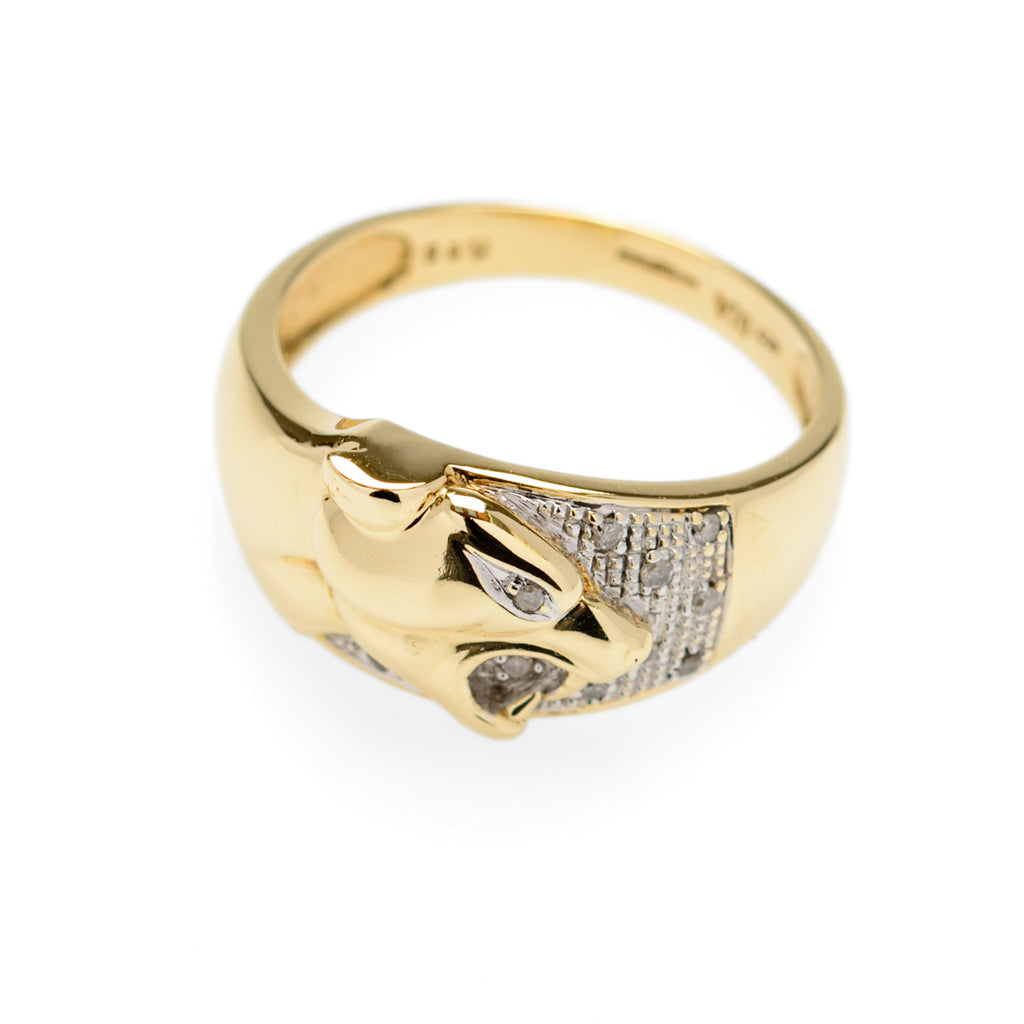 Beautiful 9ct Gold Ring With Panther Head & Diamonds Birmingham Hallmark Size P  (Code A903)