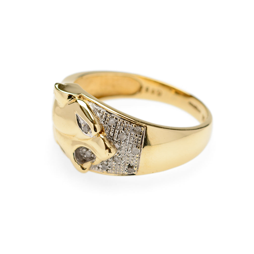 Beautiful 9ct Gold Ring With Panther Head & Diamonds Birmingham Hallmark Size P  (Code A903)