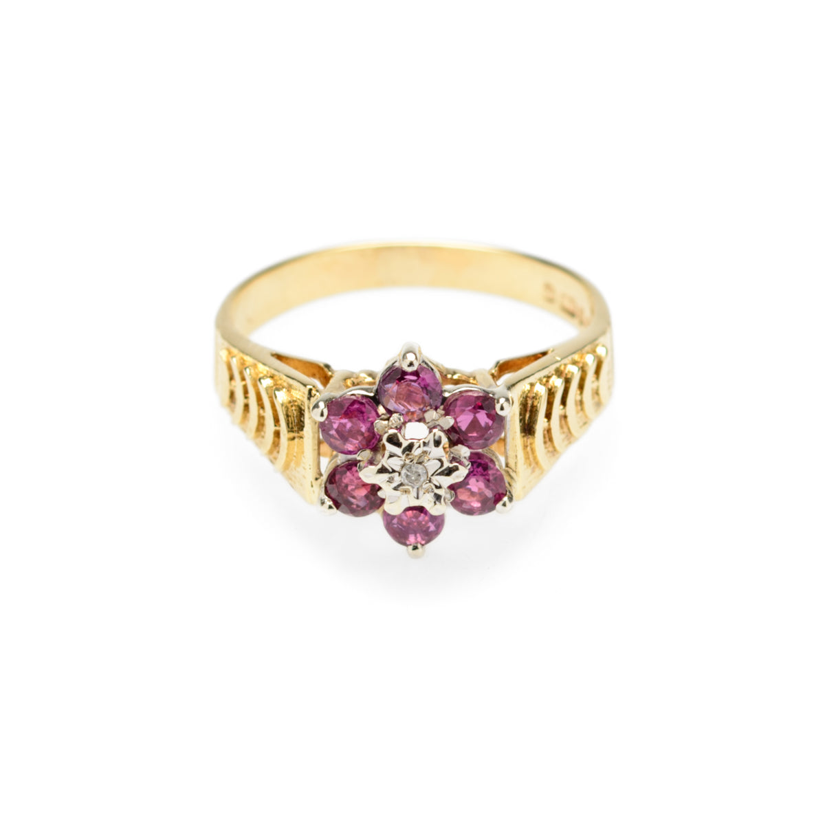 Vintage 9ct Gold Diamond & Ruby Cluster Engagement Ring Hallmarked 1976  (Code A920)
