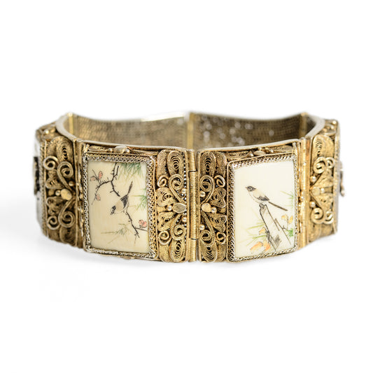 Vintage Chinese Silver Filigree Bracelet Hand Painted Bird Panels (Code A928)