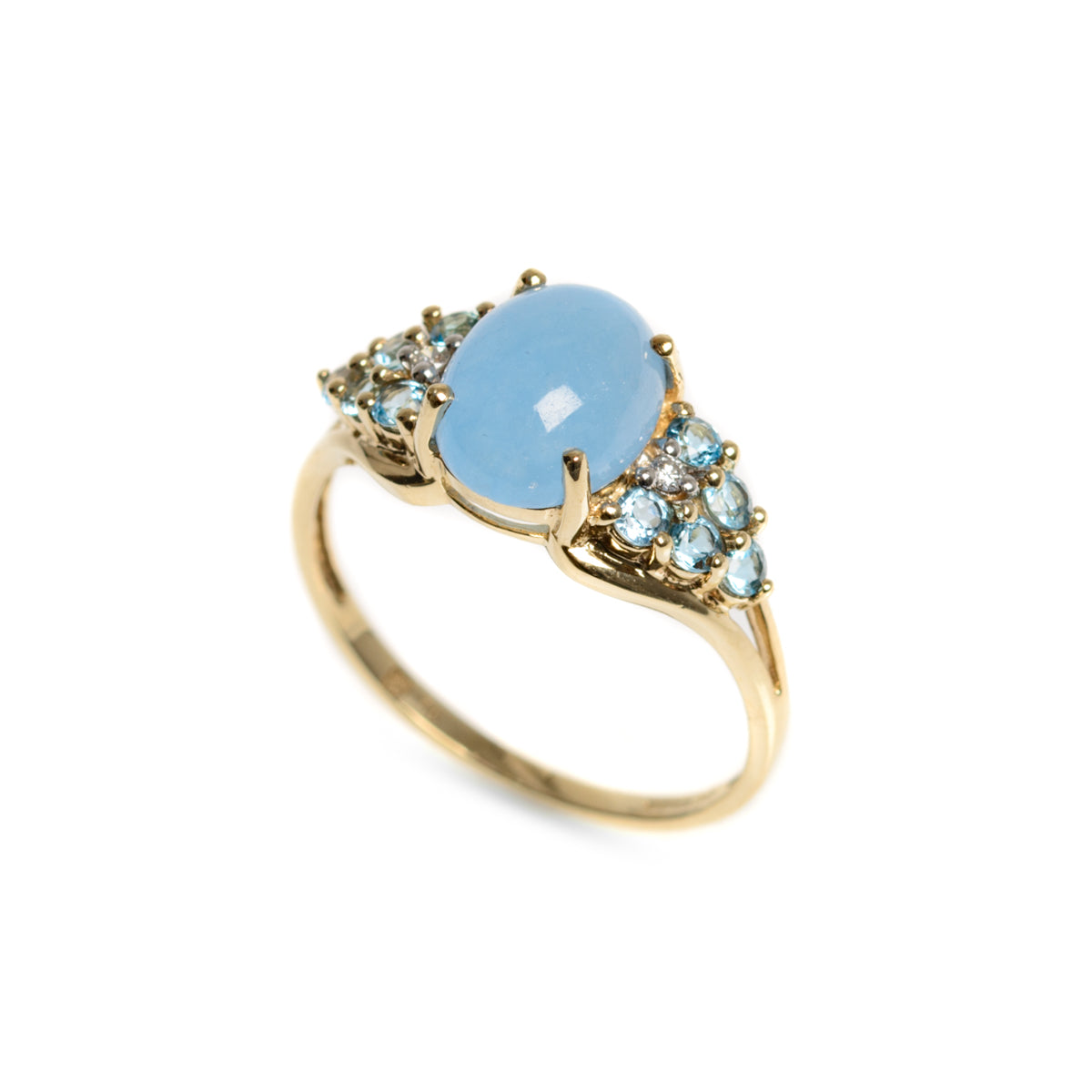9ct Gold Ring With Polished Blue Jade Cabochon & Diamonds QVC Series (Code A941)