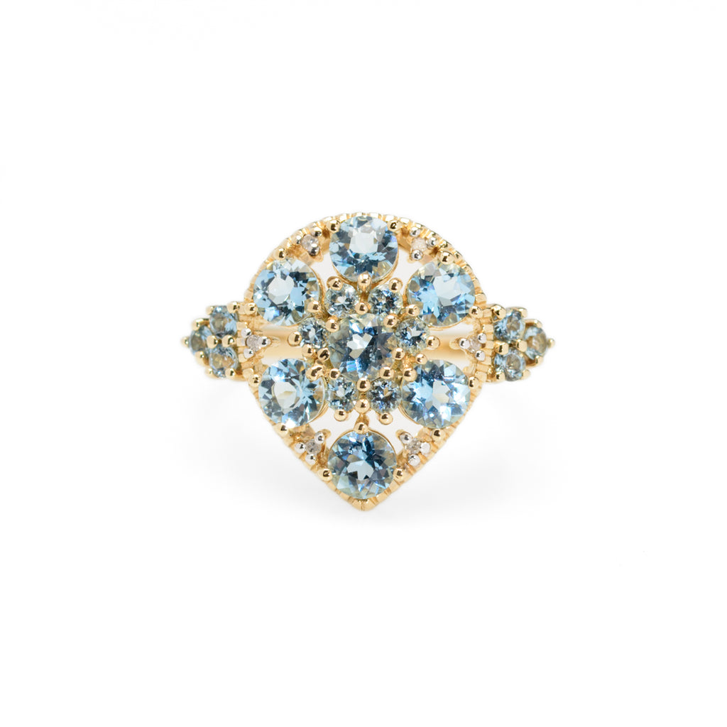 9ct Gold Cocktail Ring With Aquamarines & Diamonds In Teardrop Mount Birmingham Hallmark 2008 (Code A956)