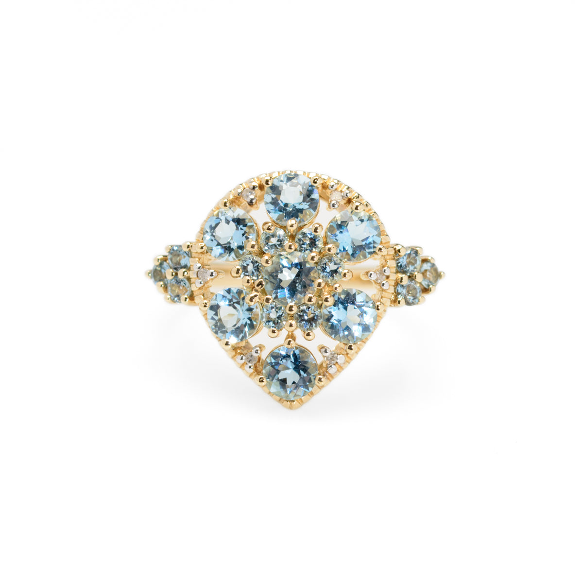 9ct Gold Cocktail Ring With Aquamarines & Diamonds In Teardrop Mount Birmingham Hallmark 2008 (Code A956)