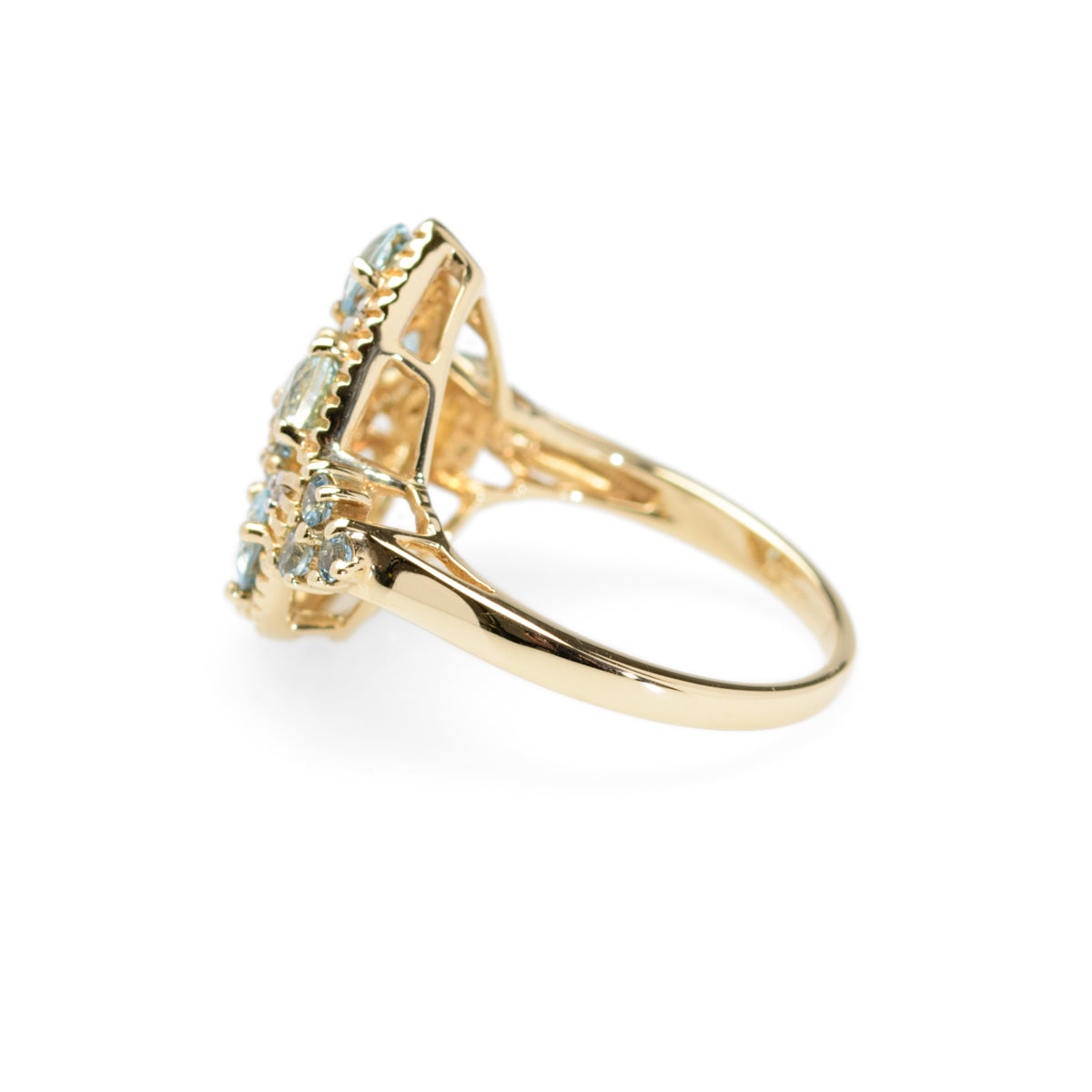 9ct Gold Cocktail Ring With Aquamarines & Diamonds In Teardrop Mount Birmingham Hallmark 2008 (Code A956)