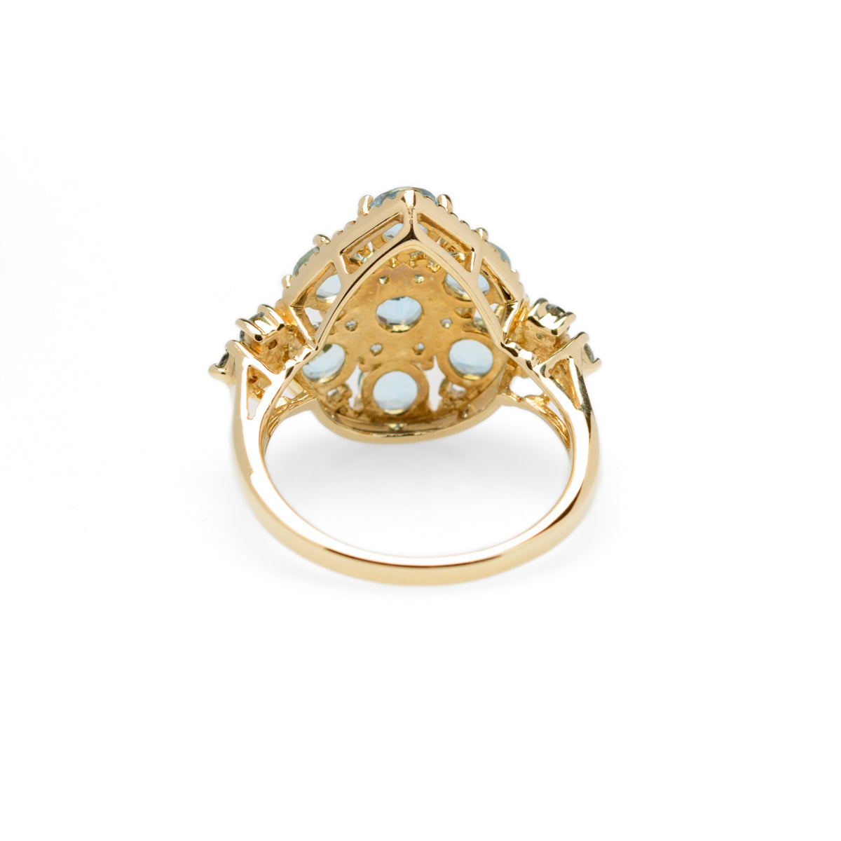 9ct Gold Cocktail Ring With Aquamarines & Diamonds In Teardrop Mount Birmingham Hallmark 2008 (Code A956)