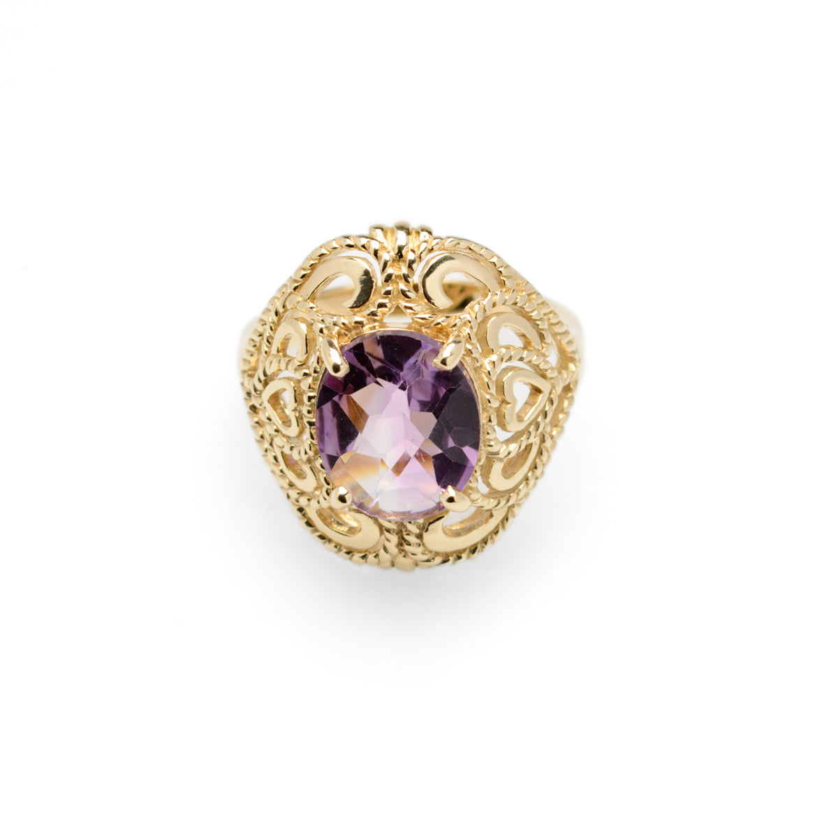 9ct Gold & 3.75 Carat Amethyst Large Cocktail Ring Filigree Heart Mount (Code A957)