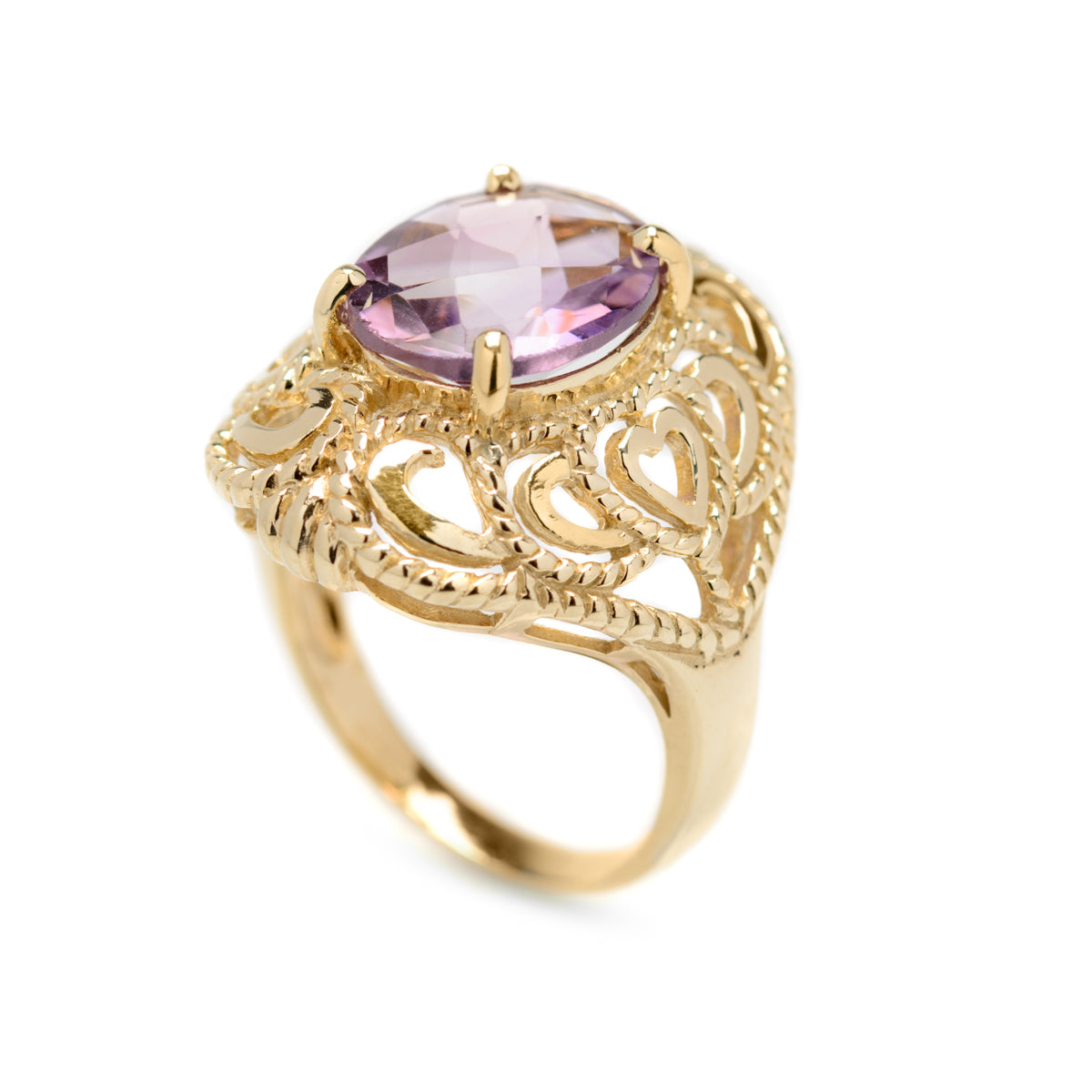 9ct Gold & 3.75 Carat Amethyst Large Cocktail Ring Filigree Heart Mount (Code A957)