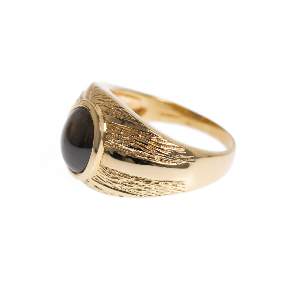 Unisex 9ct Gold Ring With Cats Eye Sillimanite Cabochon Signet Design B'ham 2005 UK Size S (Code A999)