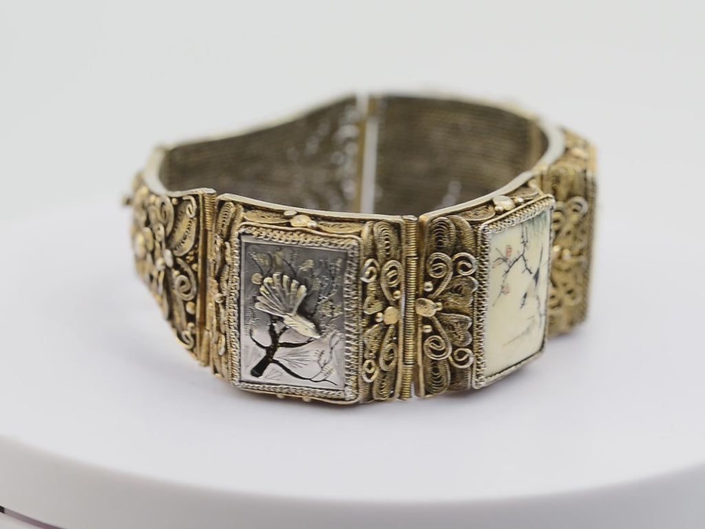 Vintage Chinese Silver Filigree Bracelet Hand Painted Bird Panels (Code A928)