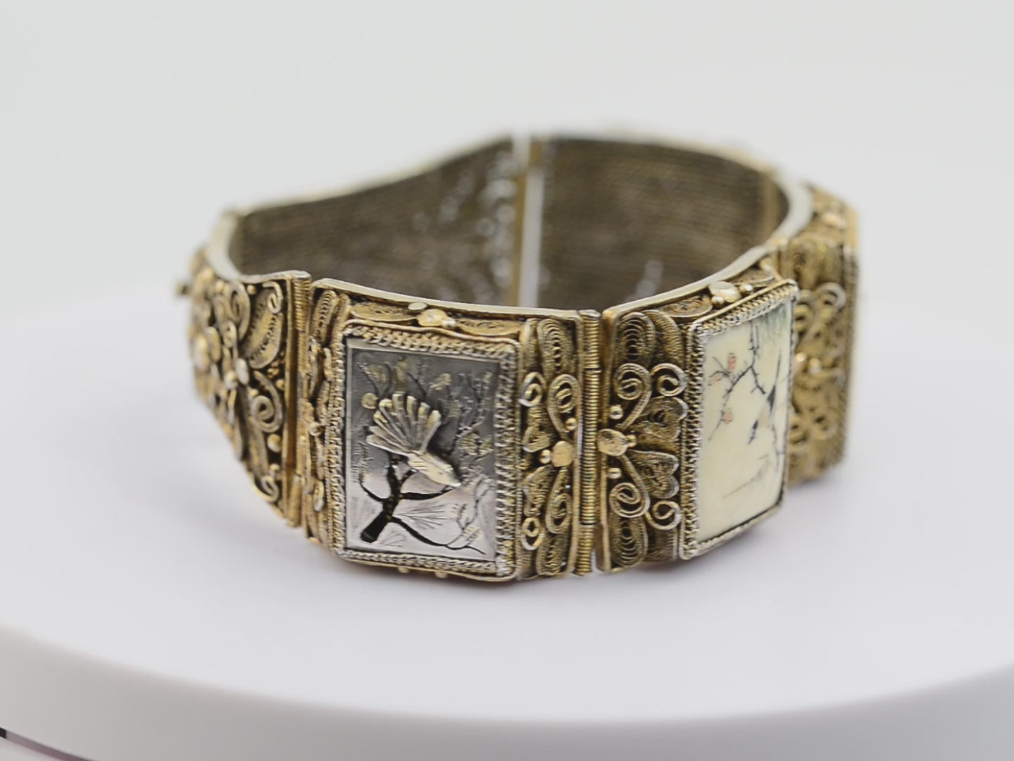 Vintage Chinese Silver Filigree Bracelet Hand Painted Bird Panels (Code A928)