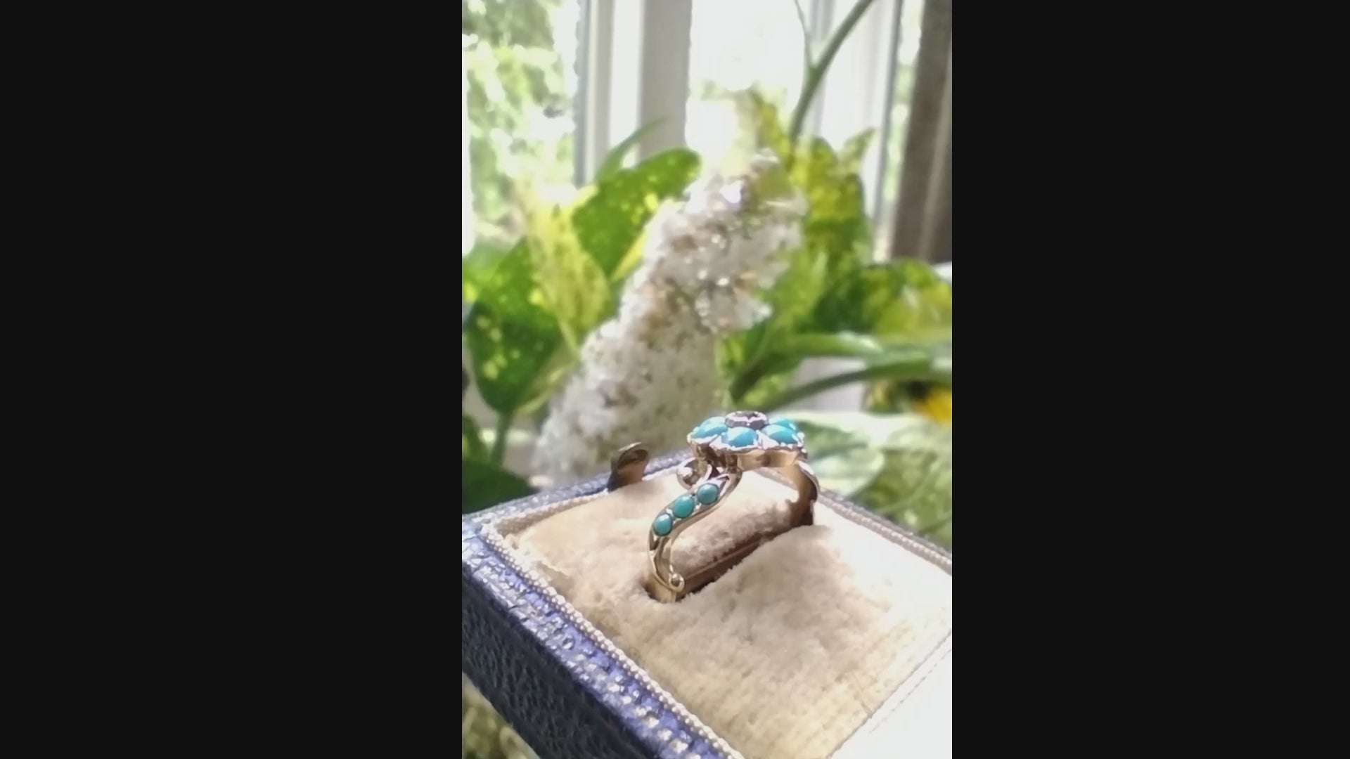 Antique Victorian 18ct Gold Turquoise & Mine Cut Diamond Daisy Ring c1880 (A1253)
